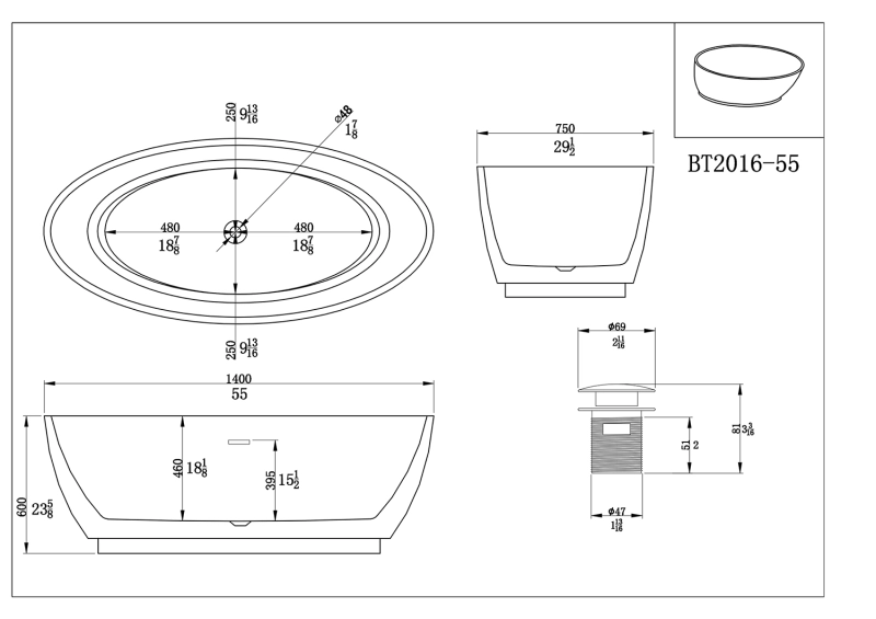 BT2016-55  Freestanding. Contemporary Design Acrylic Flatbottom  SPA Tub  Bathtub in White