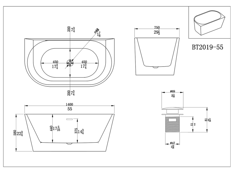 BT2019-55  Freestanding. Contemporary Design Acrylic Flatbottom  SPA Tub  Bathtub in White