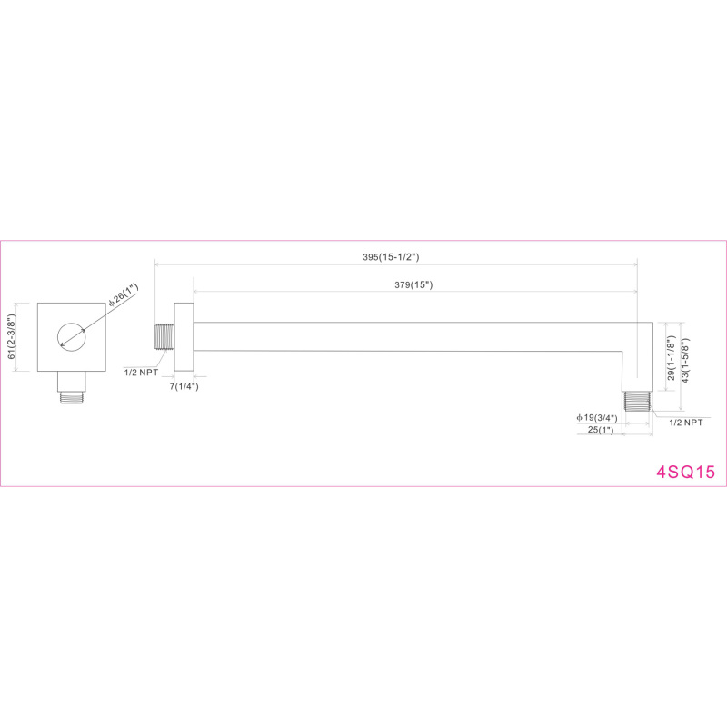 4SQ9 / 4SQ12 / 4SQ15  Metal Square Shower arm ,Chrome