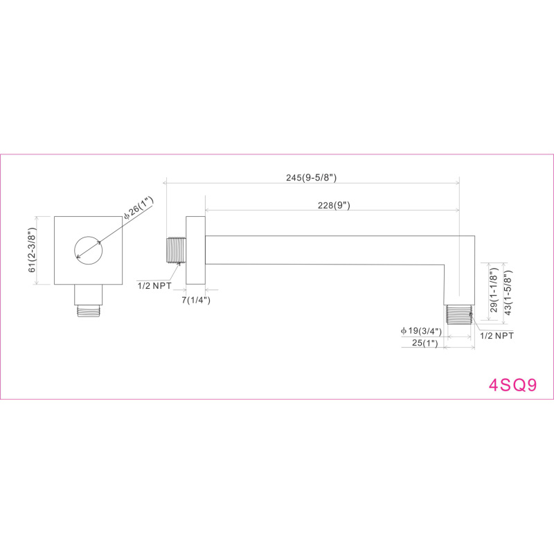 4SQ9 / 4SQ12 / 4SQ15  Metal Square Shower arm ,Chrome