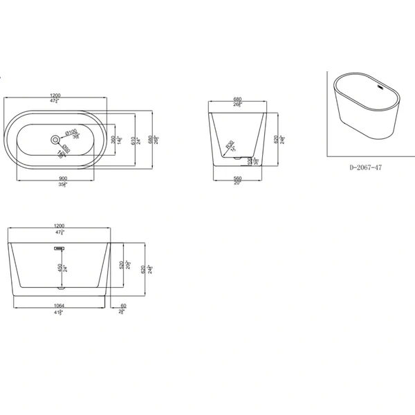 D2067-47 Freestanding 47 in. Contemporary Design Acrylic Flatbottom  Soaking Tub  Bathtub in White