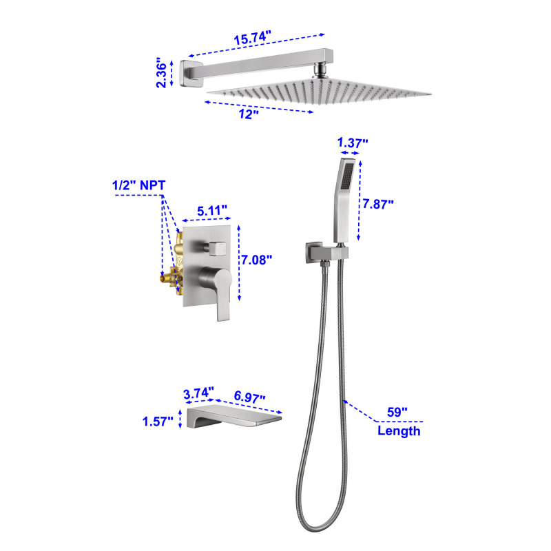 88016BL-12/ 88016BG-12/ 88016BN-12   Complete Shower System with Rough-in Valve