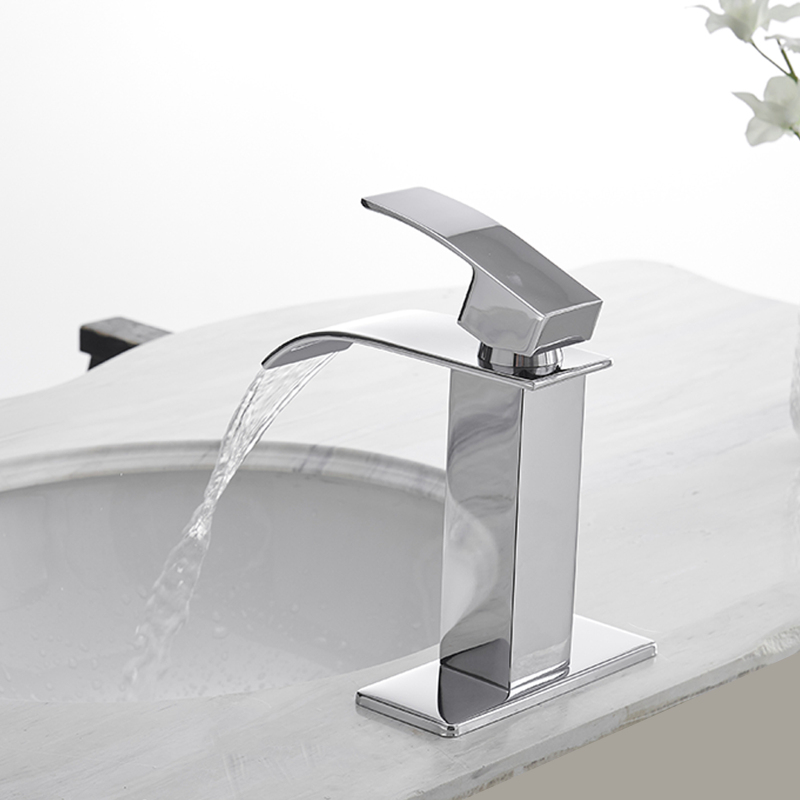 HK12-3246848 Waterfall Single Hole Single-Handle Low-Arc Bathroom Faucet With Supply Line in Polished Chrome