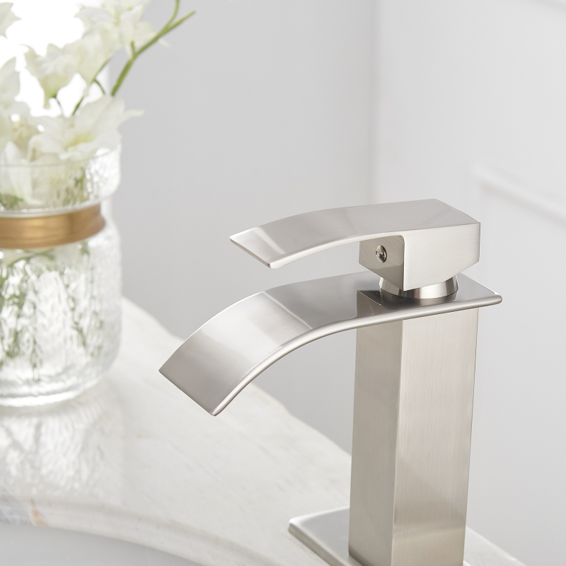 HK12-3246852 Waterfall Single Hole Single-Handle Low-Arc Bathroom Faucet With Pop-up Drain Assembly in Brushed Nickel