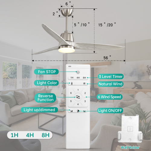 D01-56K001-BK / D01-56K001-WH / D01-56K001-BN  56 Inch Ceiling Fan Light With 6 Speed Remote Energy-saving DC Motor