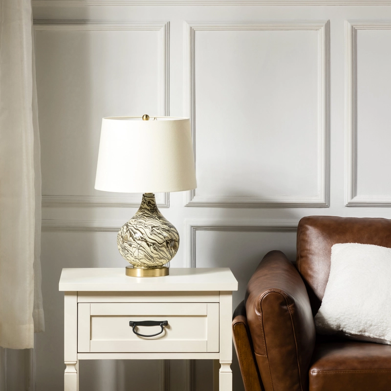 D01-1137016  Pelion 20" Modern LED Bedside Table Lamp with Linen Shade and Glass Base