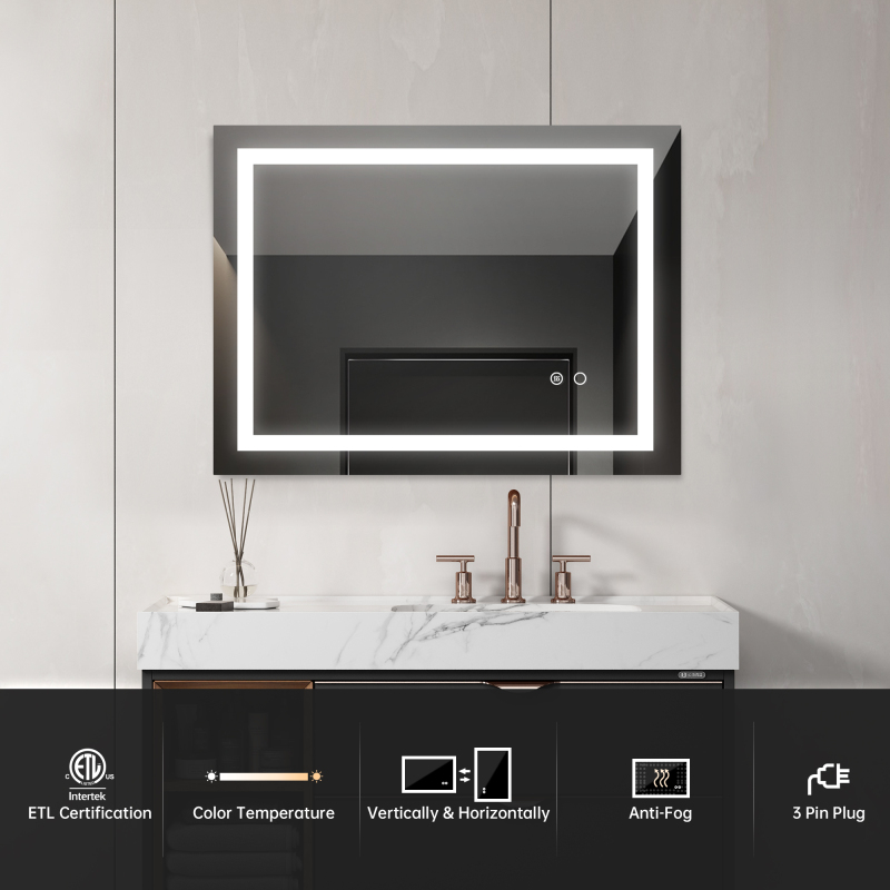 D01-BM019  36x 28 Inch LED Mirror Bathroom Vanity Mirrors with Lights, Wall Mounted Anti-Fog Memory Large Dimmable Front Light Makeup Mirror