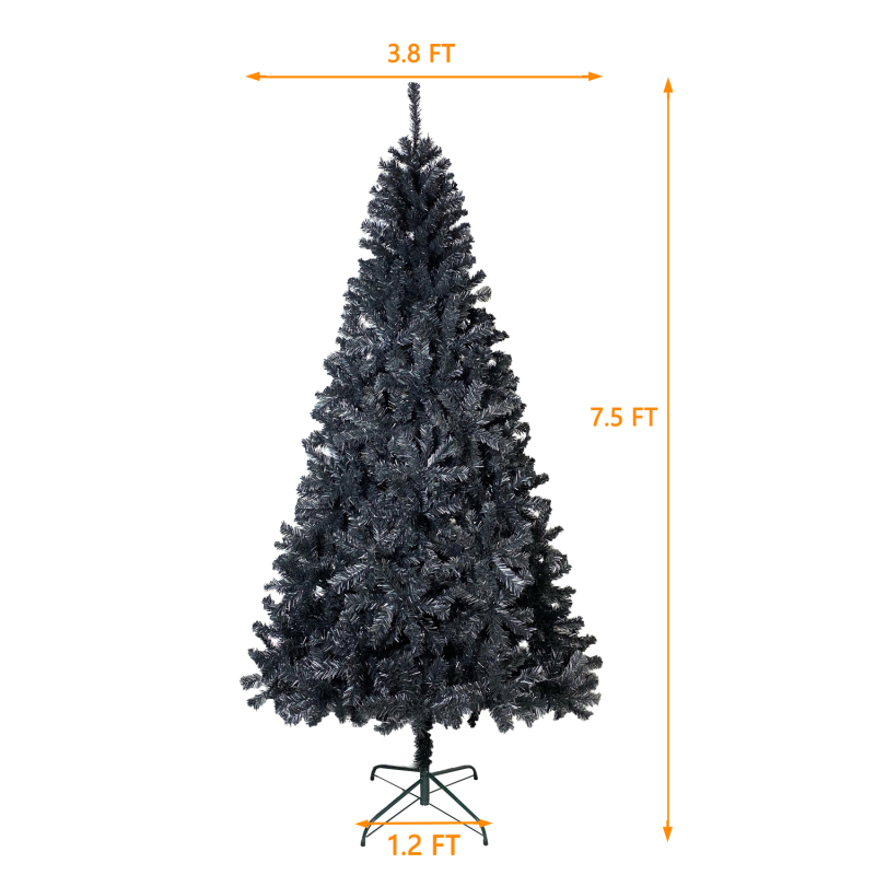 7.5FT Unlit Black Artificial Christmas Tree with Foldable Metal Stand；Spruce PVC Fir Tree 7.5ft Xmas Tree w/ 1,500 Branch Tips, for Indoor Holiday Carnival Party;for Decoration Home, Office, Party