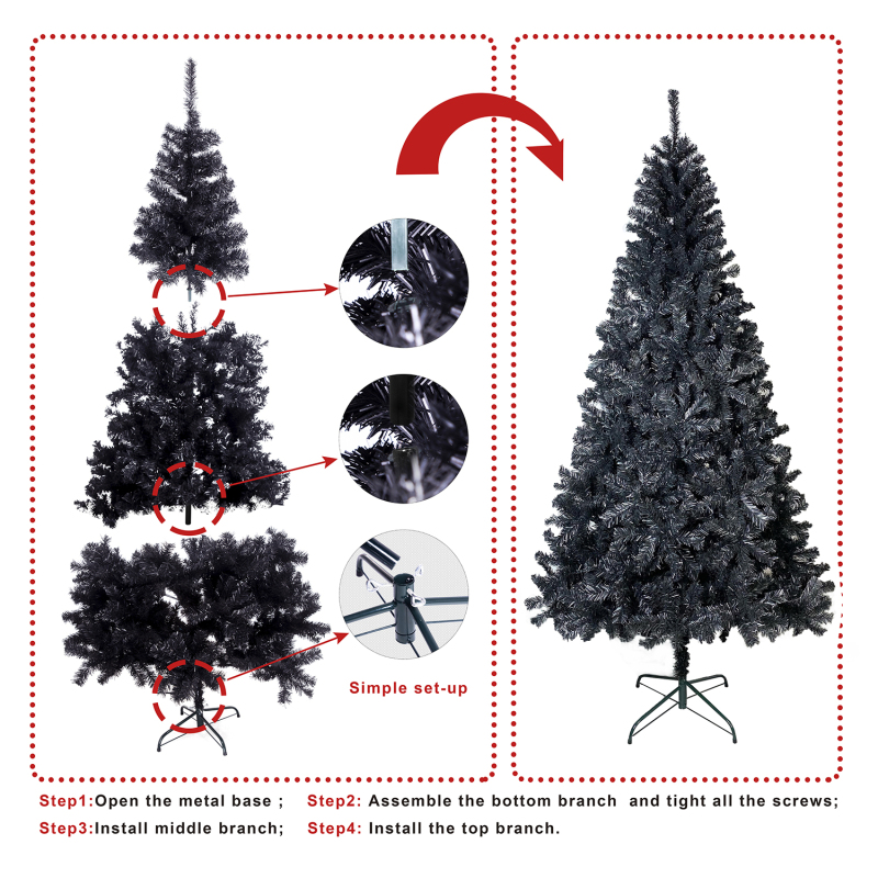 7.5FT Unlit Black Artificial Christmas Tree with Foldable Metal Stand；Spruce PVC Fir Tree 7.5ft Xmas Tree w/ 1,500 Branch Tips, for Indoor Holiday Carnival Party;for Decoration Home, Office, Party