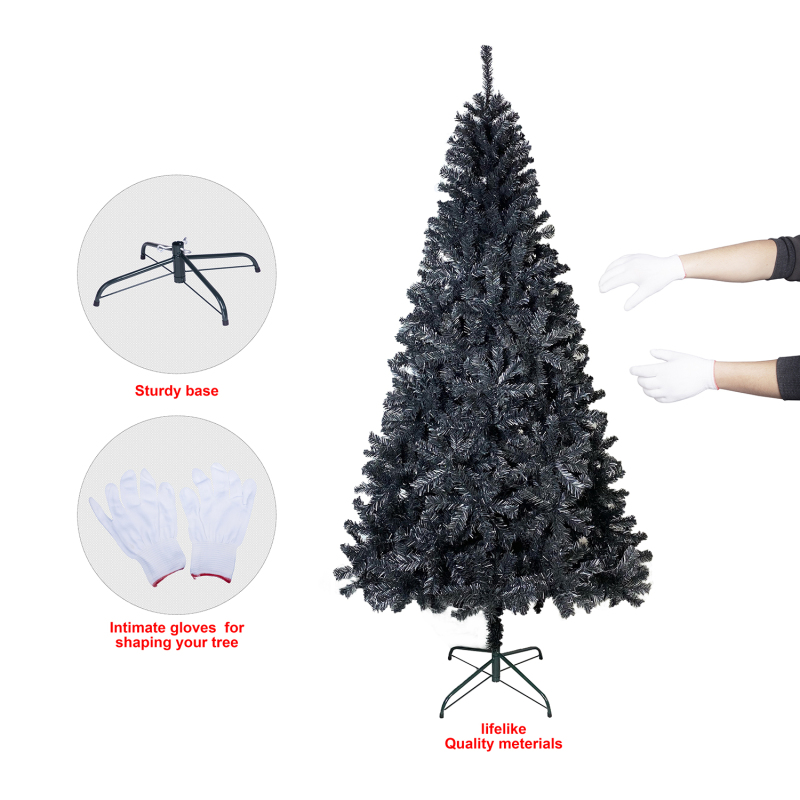 7.5FT Unlit Black Artificial Christmas Tree with Foldable Metal Stand；Spruce PVC Fir Tree 7.5ft Xmas Tree w/ 1,500 Branch Tips, for Indoor Holiday Carnival Party;for Decoration Home, Office, Party