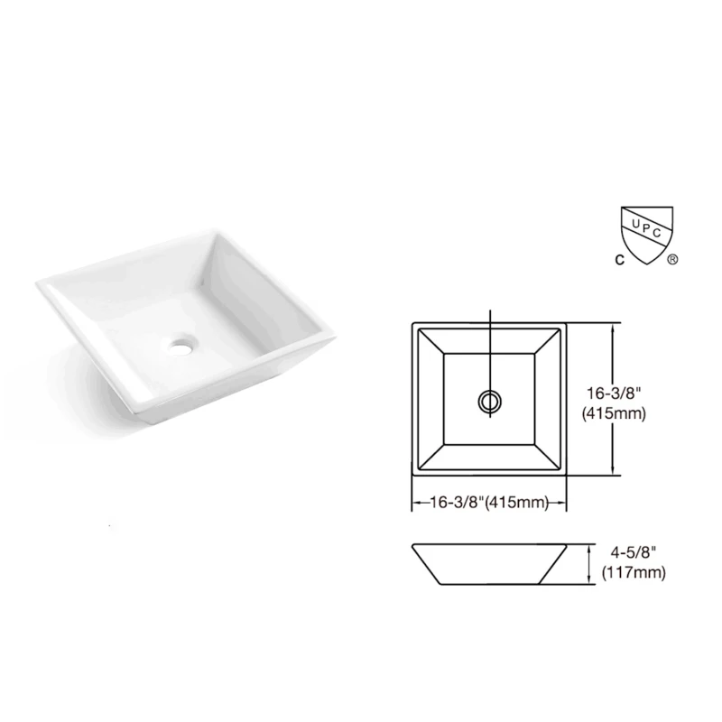 1616 Ceramic Above Counter Square Bathroom Sink