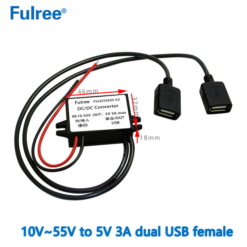 INput DC 12V24V36V48V（10-55V）  to  Output DC  5V   3A MAX Dual Double Micro USB Car Phone Charger DC DC Step Down Buck Converter Voltage Regulator