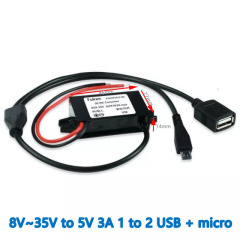 INPUT   DC 12V 24V (8-35V) to Output DC  5V 3A max DC-DC  Converter  1 to 2 USB  micro  Mini  Dual USB female head with ears