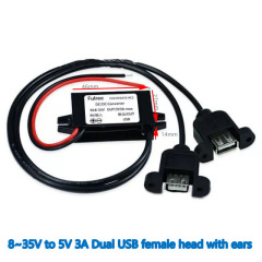 INPUT   DC 12V 24V (8-35V) to Output DC  5V 3A max DC-DC  Converter  1 to 2 USB  micro  Mini  Dual USB female head with ears