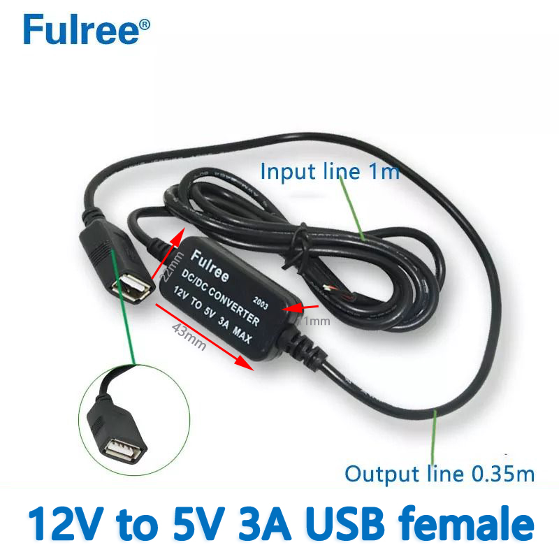 USB Car Charger Cable with Cap Input DC   12V to   Output DC 5V 3A  MAX Step Down Converter Buck Transformer Power Adaptor for charging smartphones