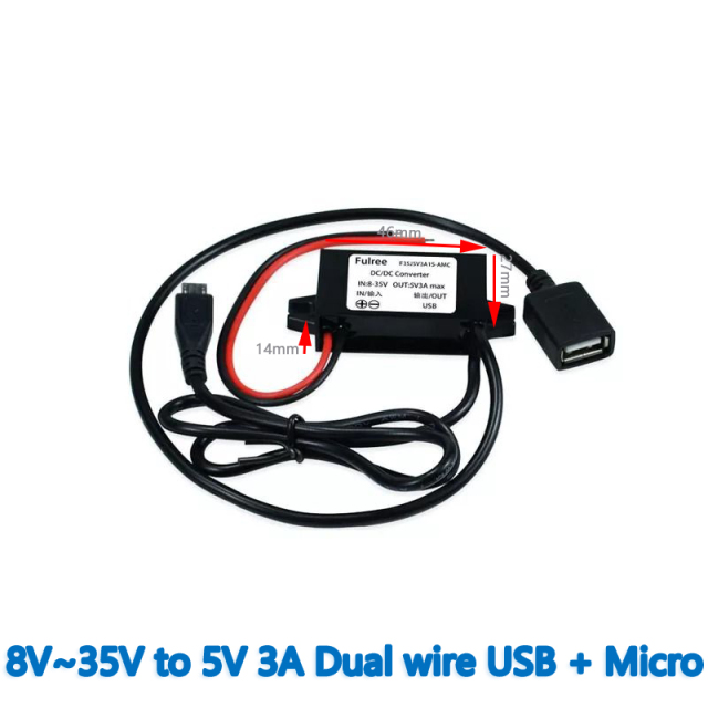 INPUT  DC 12V 24V (8-35V) to Output  DC 5V 3A 15W DC DC Step Down Converter   	MINI USB Right Angle  Dual wire USB  Converter