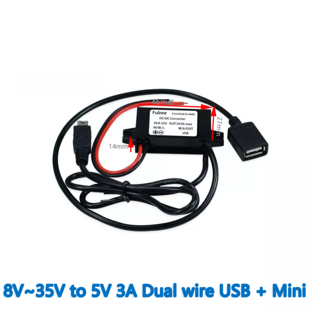 INPUT  DC 12V 24V (8-35V) to Output  DC 5V 3A 15W DC DC Step Down Converter   	MINI USB Right Angle  Dual wire USB  Converter