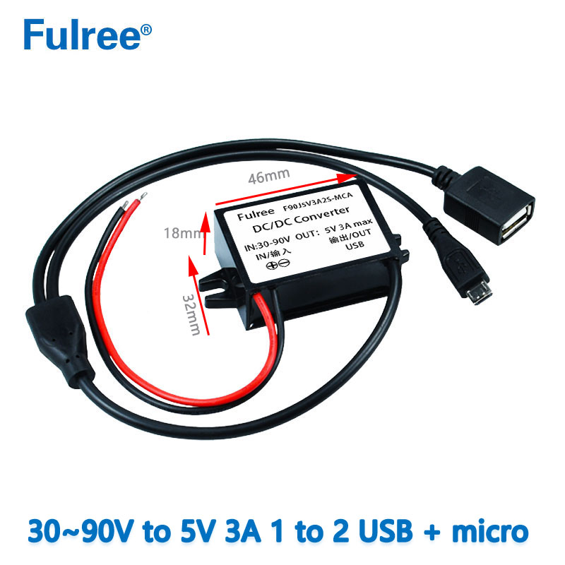 INPUT   DC 36V 48V 60V 72V (30-90V) to Output  DC   5V  3A Max Inverter Converter Micro MINI  USB  Car Phone Charger Adapter Power Supply for GPS DVR Recorder