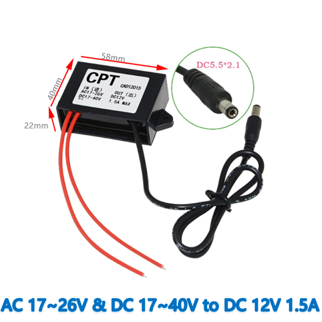 Input  AC / DC 24V (AC 17-26V  and  DC 17-40V )   to    Output DC   12V  1.5A / 2A / 3A Max AC/DC to DC converter FOR CCTV Monitor