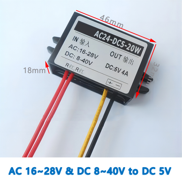 Input  AC 24V(16-28V) and  DC (8-40V) to  Output DC 5V 4A 20W    AC/DC to DC converter