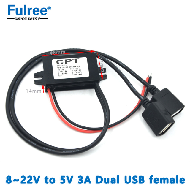 CPT INput DC  12V ( 8V -22V)Step Down to   Output DC 5V 3A MAX Dual Micro Mini USB Car Power Technology DC DC Buck Converter Car Charger Cable for Smart Phones