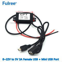 CPT INput DC  12V ( 8V -22V)Step Down to   Output DC 5V 3A MAX Dual Micro Mini USB Car Power Technology DC DC Buck Converter Car Charger Cable for Smart Phones