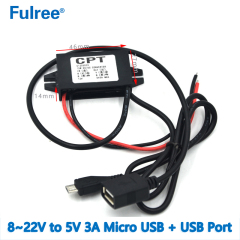 CPT INput DC  12V ( 8V -22V)Step Down to   Output DC 5V 3A MAX Dual Micro Mini USB Car Power Technology DC DC Buck Converter Car Charger Cable for Smart Phones