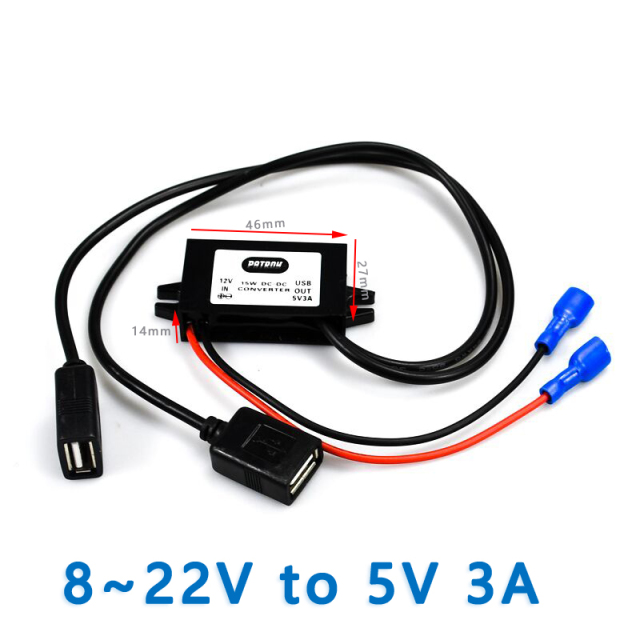 LOW MOQ CUSTOM LOGO Cable Length Connector  INput DC 12V （8-22V）  Step Down to Output DC  5V 3A Max DC DC Buck Converter USB Car Charger