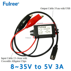 Fulree  INput DC 12V24V  (8V-35V) to    Output DC  5V 3A Car Charger Crocodile Alligator Clips to USB Cable for iphone/Samsung DC-DC Step Down Buck Converter