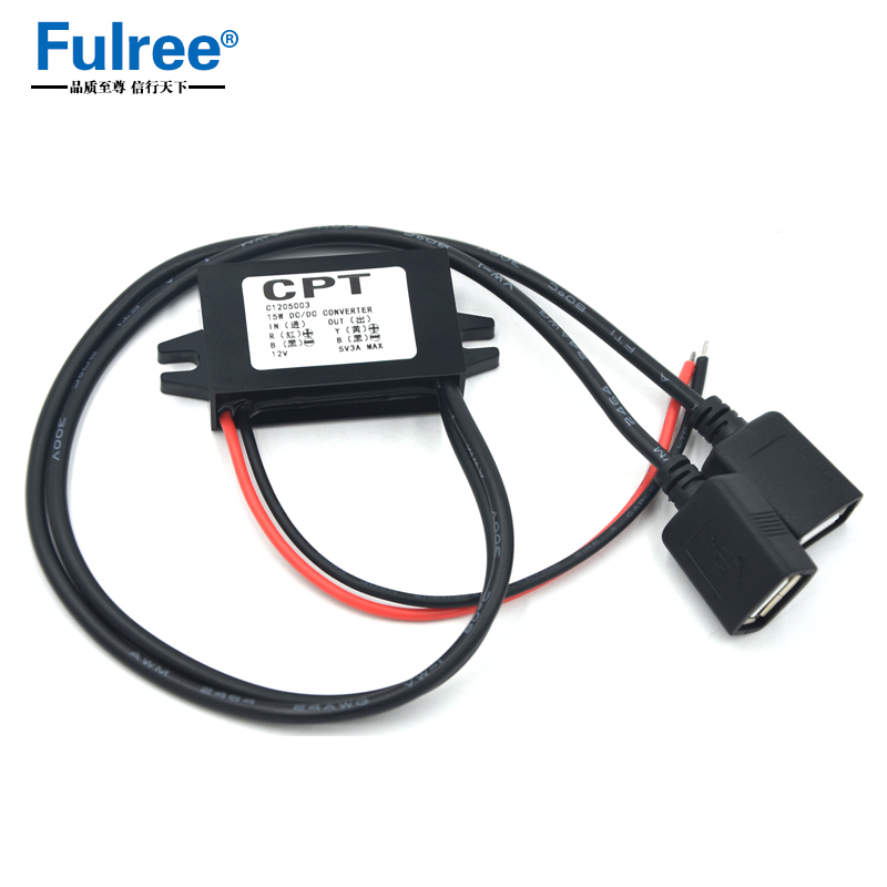 CPT 12V Step Down to 5V 3A Dual Micro Mini USB Car Power Technology DC DC Buck Converter Car Charger Cable for Smart Phones