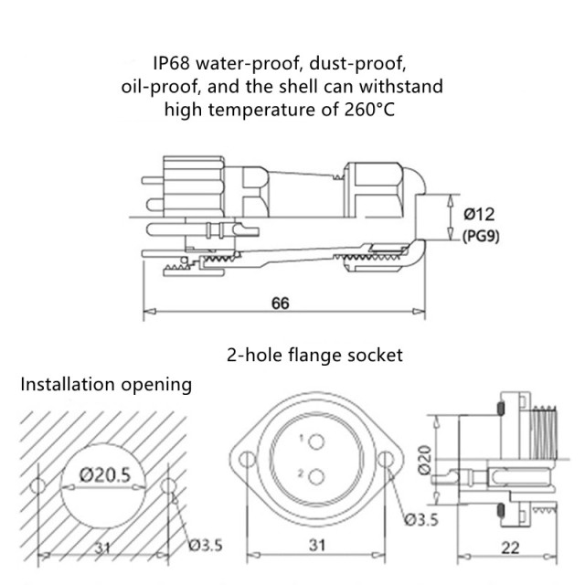 IP68 SP20-K male and female connector panel mount waterproof connector aviation plug socket