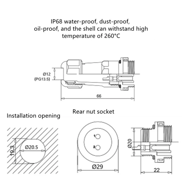 IP68 SP20-H male and female rear nut panel installation rainproof connector aviation plug socket