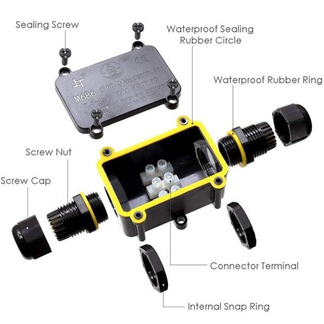 IP68 Waterproof Junction Box 2 Way 3pin 6-12mm Gland Electrical Junction Box 24A 450V Sealed Retardant Outdoor Connector