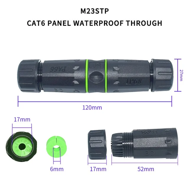 RJ45 Network Waterproof Connector Black IP68 Cable Connection M23 CAT6 Outdoor Waterproof Network Cable Through Butt Plug