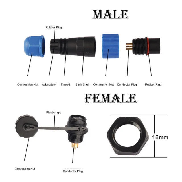 Waterproof Connector SP13 IP68 Cable Connectors Plug Socket Male  Female 1 2 3 4 5 6 7 Pin SD13 13mm Straight Back Nut