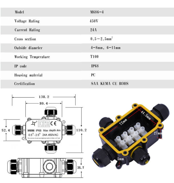 TUV 4 way nylon cable gland electrical ip68 waterproof enclosure outdoor ip68 junction box for led light
