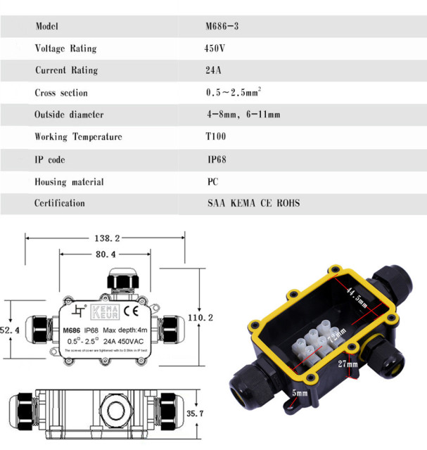 M686-3 electronic ip68 waterproof junction box 24A 450VAC