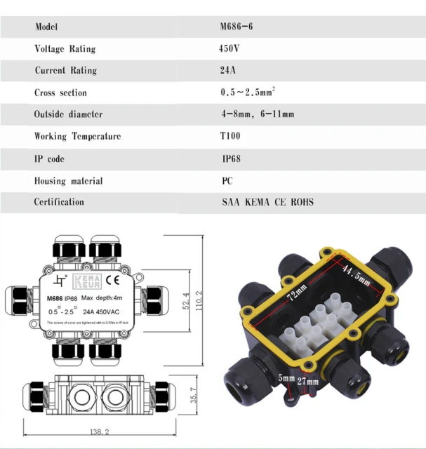 TUV 6 pole IP68 waterproof junction box waterproof underground cable junction boxes with terminal block