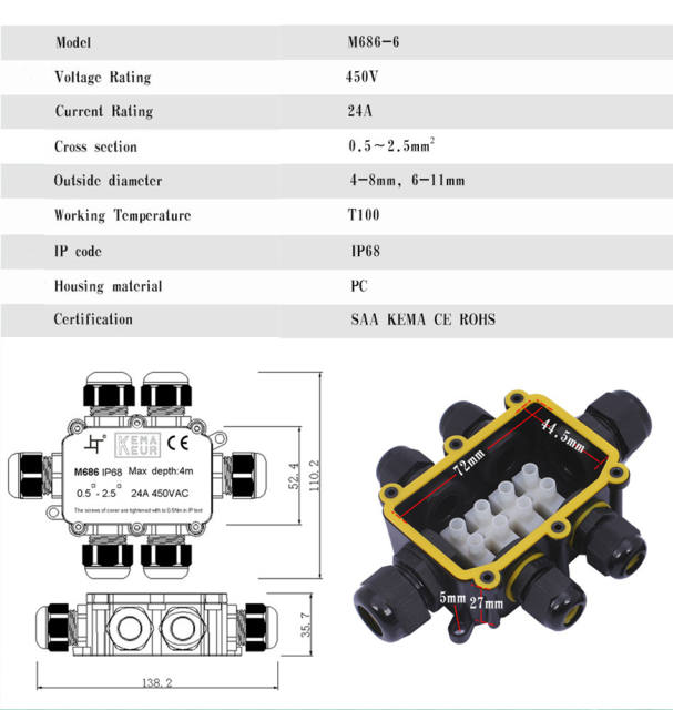 TUV 6 pole IP68 waterproof junction box waterproof underground cable junction boxes with terminal block