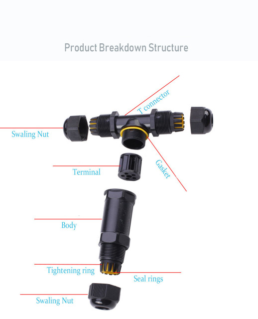 Three-way connector IP68 waterproof terminal M25 T-type 2-5 pin cable waterproof connector