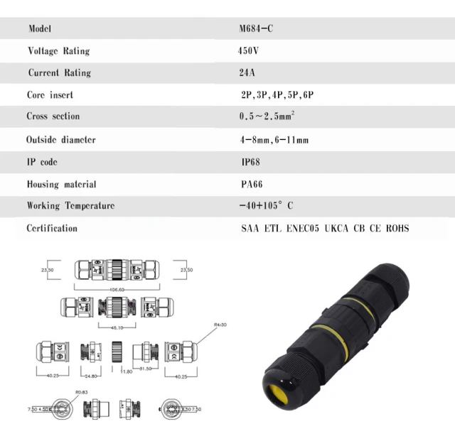 IP68 waterproof connector M20 waterproof connector 2-6 pin black male and female connector