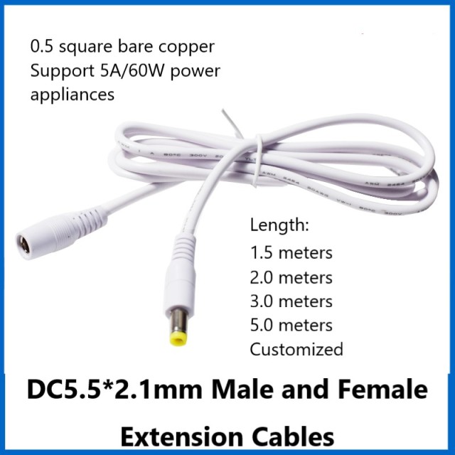 12V Power Cord Copper Thickened 5A White DC5.5*2.1mm Male to Female LED Monitor Router Extension Cable