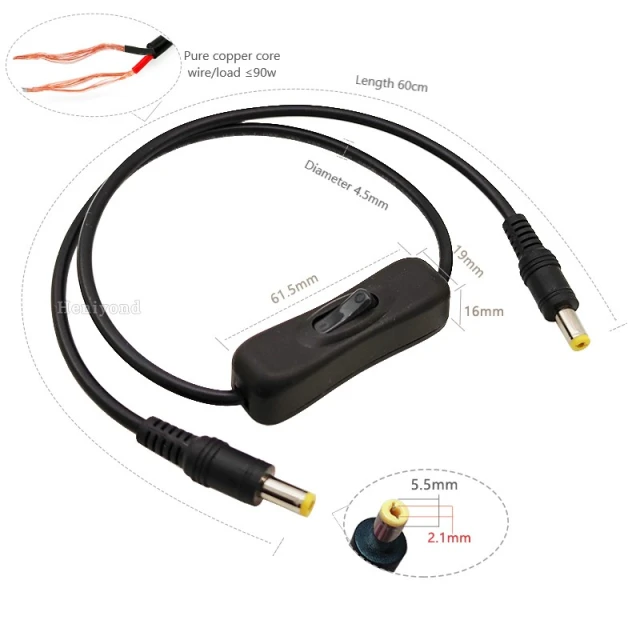 Pure copper DC connector dual male and female cable plug with switch 12VDC power cord power adapter 5.5*2.1