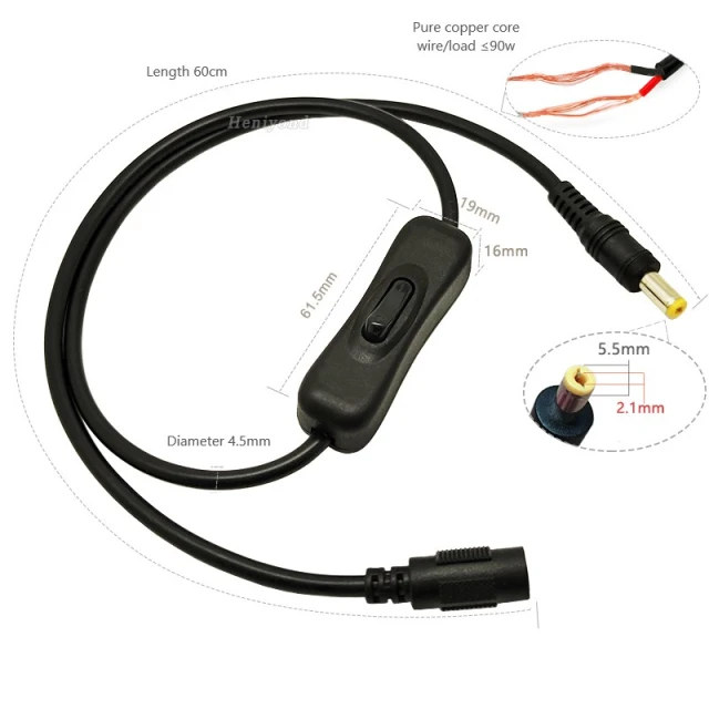 Pure copper DC connector dual male and female cable plug with switch 12VDC power cord power adapter 5.5*2.1