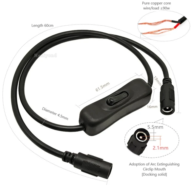Pure copper DC connector dual male and female cable plug with switch 12VDC power cord power adapter 5.5*2.1