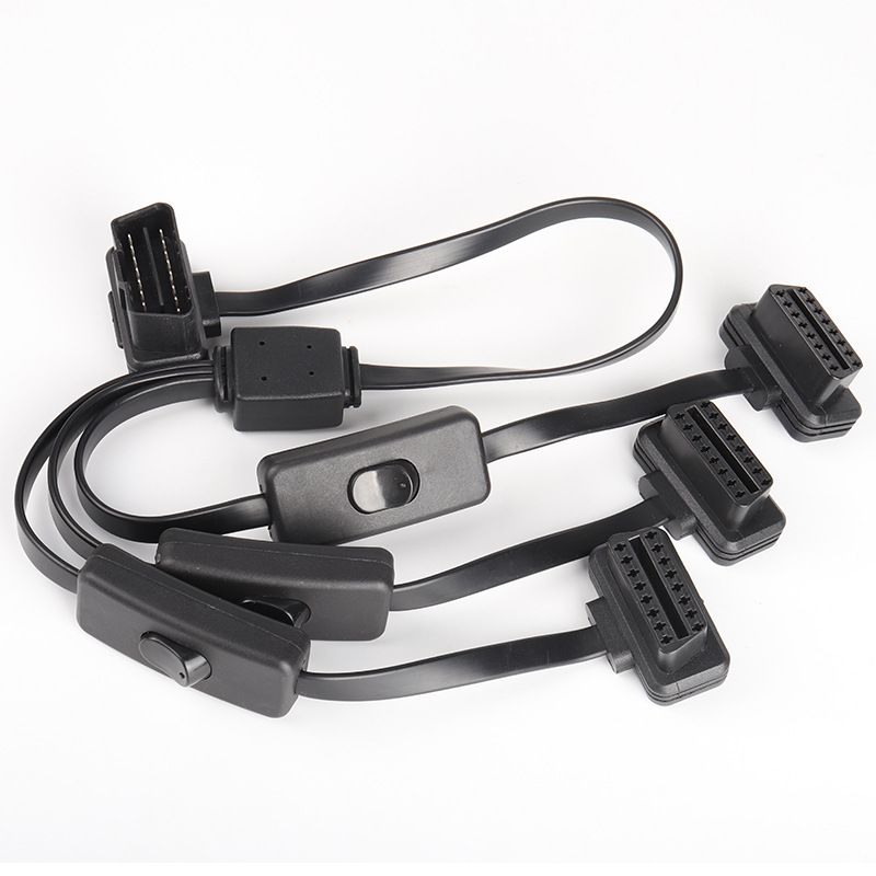 60cm ultra-thin car OBD2 1 male to 3 female flat cable with switch  OBD extension cable 16 pin 8-core