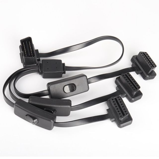 60cm ultra-thin car OBD2 1 male to 3 female flat cable with switch  OBD extension cable 16 pin 8-core