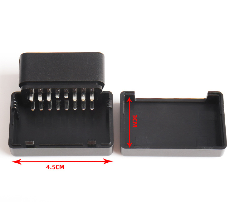 Automotive OBD2 male connector OBD plug assembly type housing without holes, snap fastener without screws