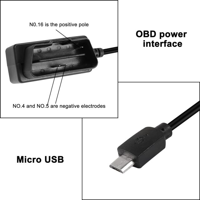 OBD/OBD2 to Micro USB Power Cable for Dash Camera