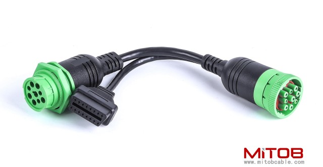 Threaded SAE J1939 Type 2 Male to Female to OBD2 Female Port Splitter Cable